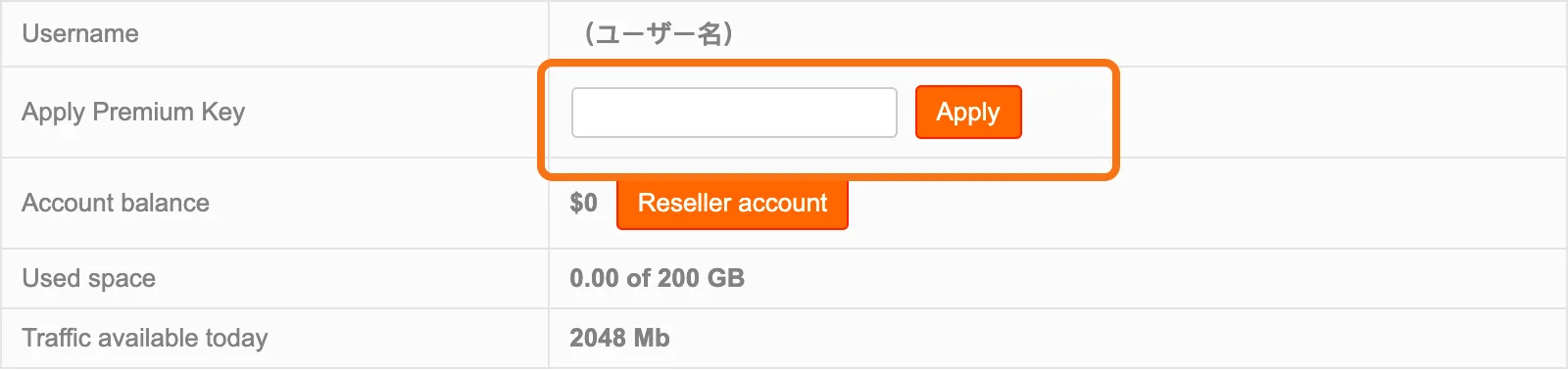 The BtaFile My Account page with Username, Apply Premium Key, Account balance, Used space (0.00 of 200 GB) and Traffic available today (2048 Mb). The Apply Premium Key field and the Apply button are outlined (the username is hidden)