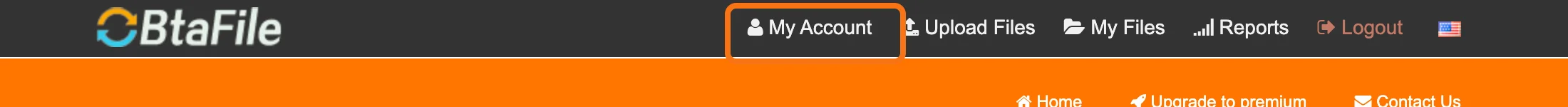 The BtaFile top menu with My Account, Upload Files, My Files, Reports and Logout. My Account on the left is outlined