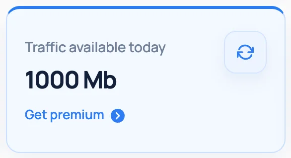 BunFileのMy Account画面にある「Traffic available today」のカード。無料アカウントでは1000 Mbと表示され、下にGet premiumのリンクがある