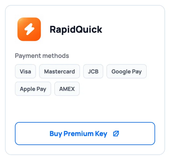 BunFile公式プレミアムページのResellers欄に掲載されているRapidQuickの枠。支払い方法としてVisa、Mastercard、JCB、Google Pay、Apple Pay、AMEXが表示され、Buy Premium Keyのボタンがある