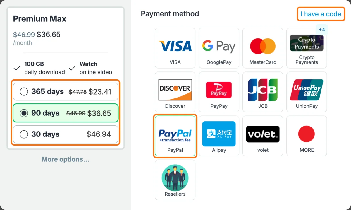 Fileboom's Premium Max payment screen with the 365/90/30-day options,