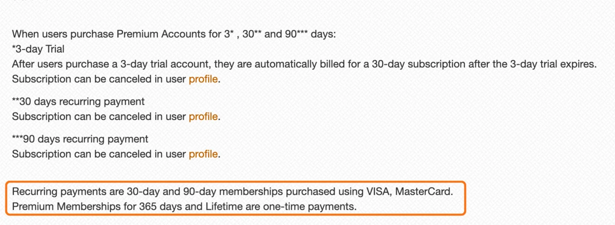 The auto-renewal part of Fileboom's Terms of Service, with