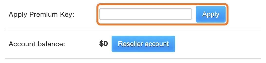 FileSpaceのMy Account画面。Apply Premium Keyの入力欄と青いApplyボタンを枠で囲んでいる。下にAccount balance、Used space(0.00 of 50 GB)が並ぶ(残高は見本に置き換えています)