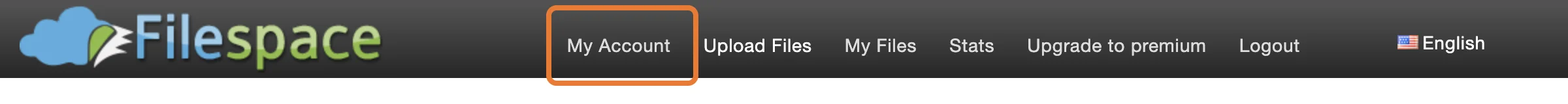 FileSpaceの上部メニュー。My Account、Upload Files、My Files、Stats、Upgrade to premium、Logoutが並び、My Accountを枠で囲んでいる
