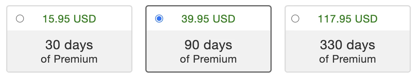FileSpace公式のプラン。30日 15.95 USD、90日 39.95 USD、330日 117.95 USD