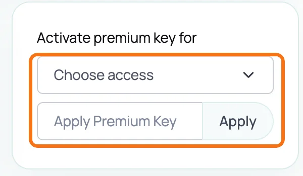 The Activate premium key for box on the HosteX Manage Account page. The Choose access menu, the Apply Premium Key field and the Apply button are outlined