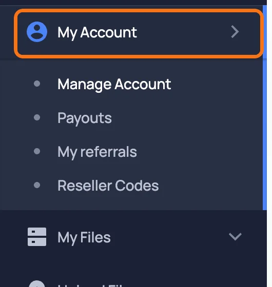 The HosteX left menu: My Account with Manage Account, Payouts, My referrals and Reseller Codes below it. My Account and Manage Account are outlined