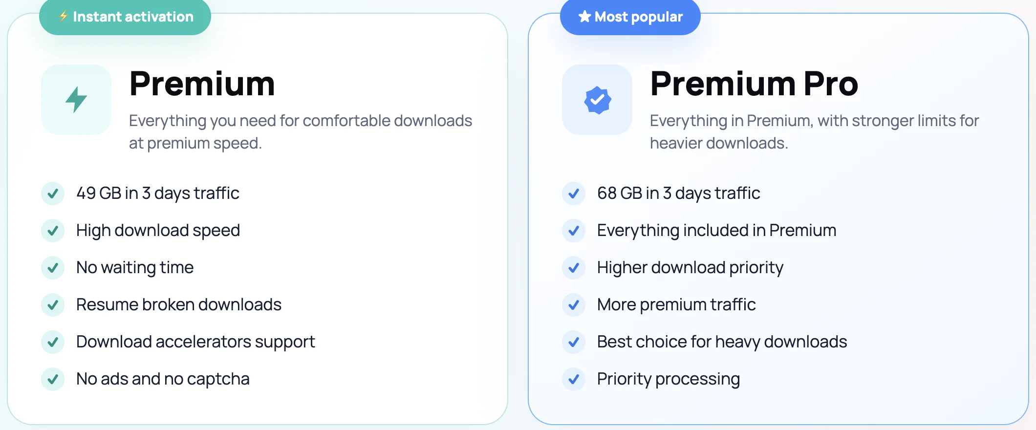 What you get on the official HosteX premium page. Premium: 49 GB in 3 days traffic, high download speed, no waiting time, resume broken downloads, download accelerators support, no ads and no captcha. Premium Pro: 68 GB in 3 days traffic, everything included in Premium, higher download priority, more premium traffic, priority processing