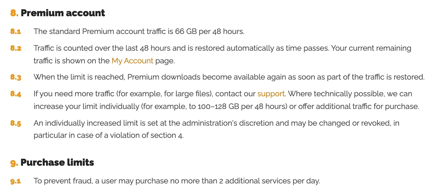HotLink.cc利用規約の8章 Premium account。8.1 標準の通信量は48時間で66GB、8.2 直近48時間で数えて時間とともに自動で戻る、残りはMy Accountに表示、8.3 上限に達しても一部が戻ればまたダウンロードできる、8.4 大きなファイルなどで足りないときはサポートに相談すると100〜128GBに増やせる場合がある。下に 9.1 1日に購入できるのは2回まで