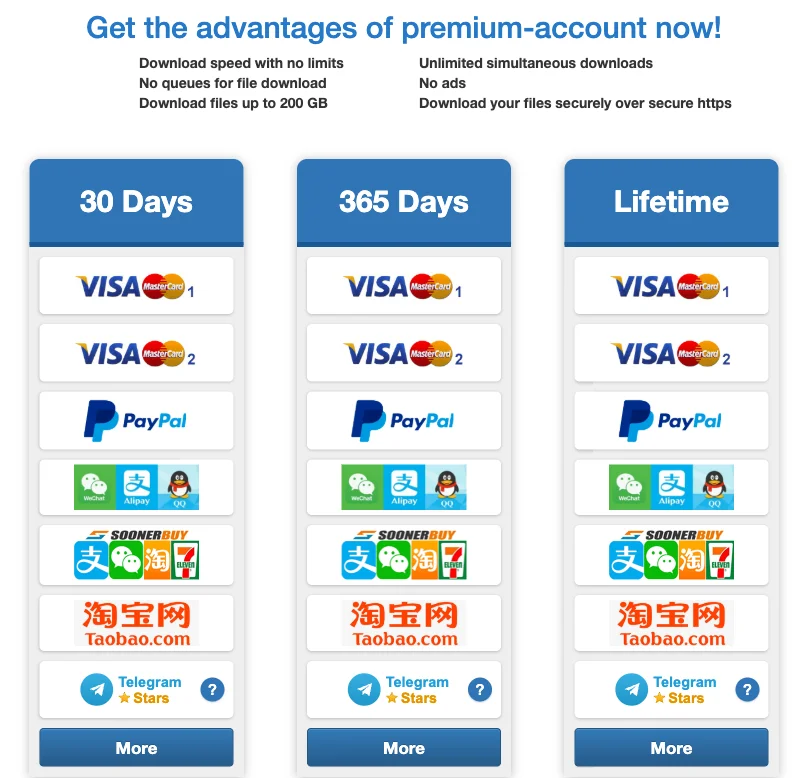 The Premium page on the official Katfile site. It lists the Premium benefits and three plans (30 days, 365 days and lifetime), each with payment methods such as Visa, Mastercard and PayPal