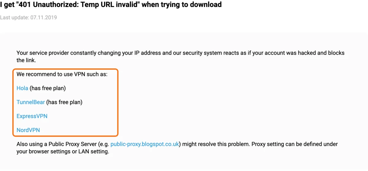 Keep2Share公式ヘルプの401 Unauthorized: Temp URL invalid についての記事。Hola、TunnelBear、ExpressVPN、NordVPNなどのVPNを勧める部分を枠で囲んでいる