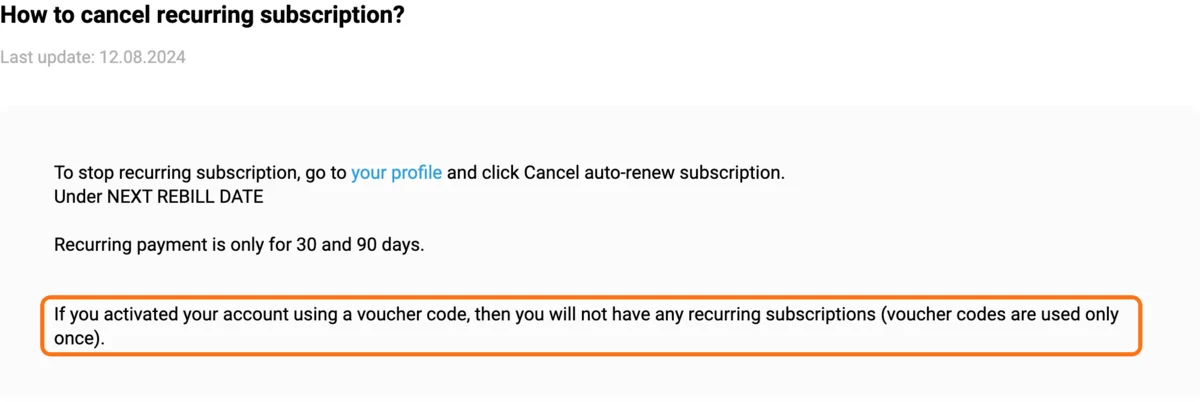 Keep2Share公式ヘルプ「How to cancel recurring subscription?」。プロフィールのNEXT REBILL DATEの下でCancel auto-renew subscriptionを押す、と書かれ、クーポンコードで有効にした場合は自動更新がないという部分を枠で囲んでいる