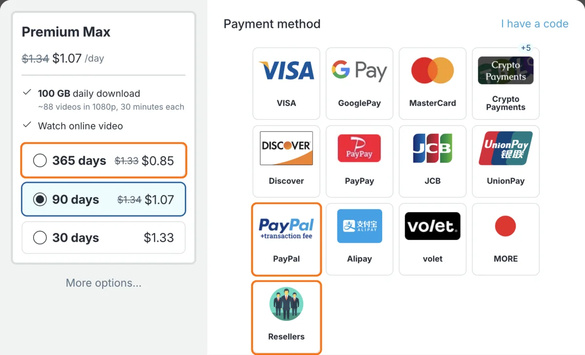 Keep2Share payment window for Premium Max. The 365 days option ($1.33 crossed out, $0.85 per day), the PayPal tile marked +transaction fee, and the Resellers tile are outlined