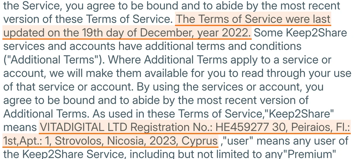 Keep2Share's Terms of Service. Highlighted: the terms were last updated on 19 December 2022, and 