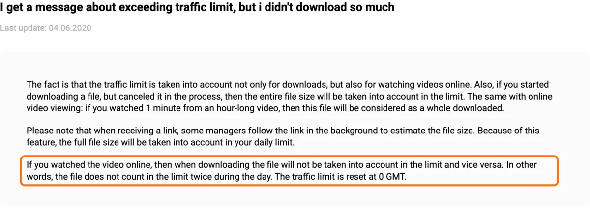 Keep2Share公式ヘルプの、通信量の上限についての記事。最後の段落(同じファイルは1日に2回数えない、通信量は0 GMTにリセット)を枠で囲んでいる
