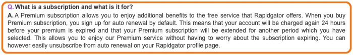 Rapidgator公式サイトの「What is a subscription and what is it for?」の説明。プレミアムを買うと初期設定で自動更新になり、期限の24時間前に再び請求されること、プロフィールページで自動更新を解除できることが書かれている
