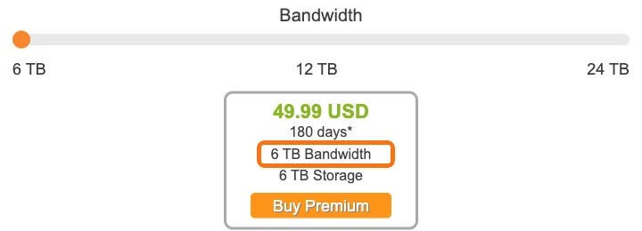 Rapidgator公式サイトのプラン選択画面。帯域を6TB・12TB・24TBから選べ、180日間49.99USDのプランに「6 TB Bandwidth」と表示されている