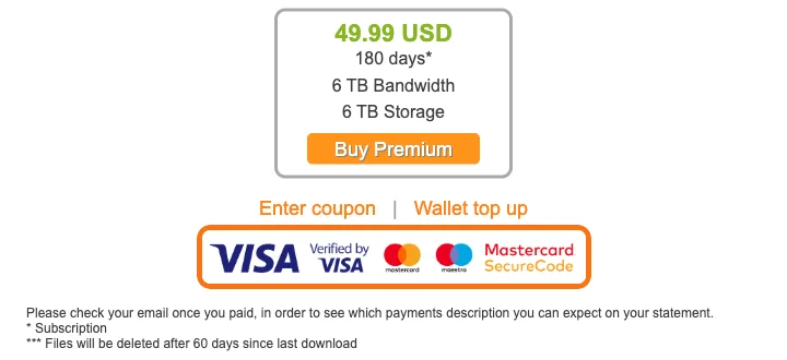 Rapidgator公式サイトのプレミアム購入ページ。180日間49.99USDのプランと「Buy Premium」ボタンの下に、VISA・Verified by VISA・Mastercard・Maestro・Mastercard SecureCodeのロゴが並んでいる