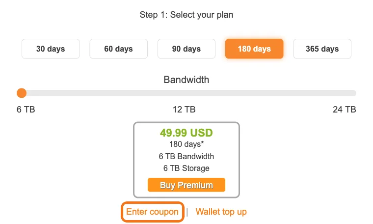Rapidgatorの「Buy Premium」ページ。プラン選択と帯域のスライダーの下、「Buy Premium」ボタンの下に「Enter coupon」のリンクがある