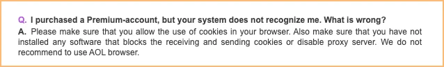 Rapidgator公式FAQ。プレミアムを購入したのに認識されない場合は、ブラウザでCookieを許可し、Cookieをブロックするソフトをオフにし、プロキシサーバーを無効にするよう案内している
