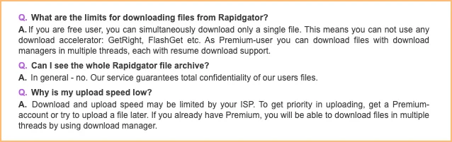 Rapidgator公式FAQ。無料会員は同時に1ファイルしかダウンロードできないが、プレミアム会員はダウンロードマネージャーを使って複数スレッドでダウンロードでき、再開にも対応していると書かれている。速度はプロバイダによって制限されることがあるとも書かれている