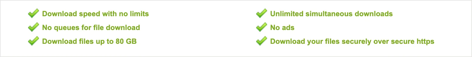 Rapidgator's Premium page listing six benefits: download speed with no limits, unlimited simultaneous downloads, no queues, no ads, download files up to 80GB, and secure https downloads