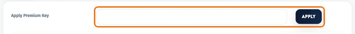 Upload42のマイアカウント画面。Apply Premium Keyと書かれた入力欄と、右側の紺色のAPPLYボタンを枠で囲んでいる