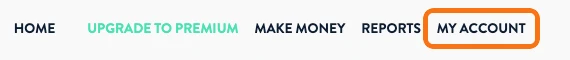 Upload42の上部メニュー。HOME、UPGRADE TO PREMIUM、MAKE MONEY、REPORTSの右にあるMY ACCOUNTを枠で囲んでいる