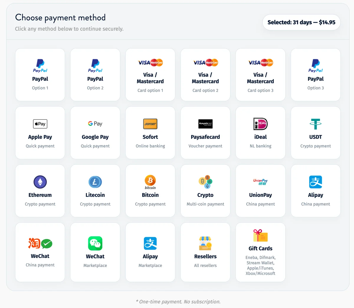 Upload42's official list of payment methods: PayPal options 1 to 3, Visa/Mastercard card options 1 to 3, Apple Pay, Google Pay, Sofort, Paysafecard, iDeal, USDT, Ethereum, Litecoin, Bitcoin, Crypto, UnionPay, Alipay, WeChat, Resellers and Gift Cards, with 