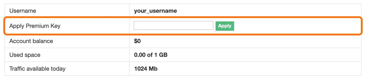 XubsterのMy Account画面。Username、Apply Premium Key、Account balance、Used space、Traffic available todayの表があり、Apply Premium Keyの入力欄と緑色のApplyボタンを枠で囲んでいる（ユーザー名などは見本に置き換えています）