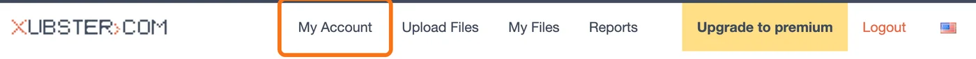 Xubsterの上部メニュー。My Account、Upload Files、My Files、Reports、Upgrade to premiumが並び、左端のMy Accountを枠で囲んでいる
